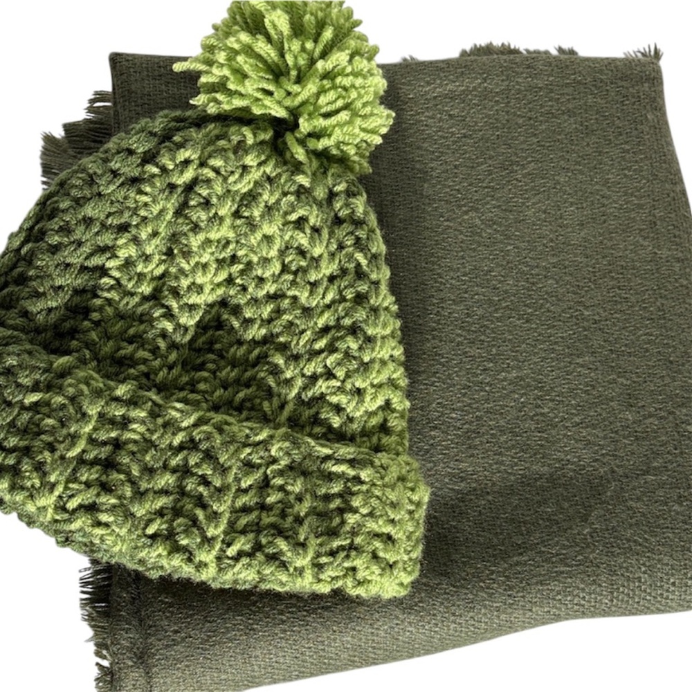 OLIVE GREEN homemade CROCHET Beanie with Pom-Pom and matching blanket scarf